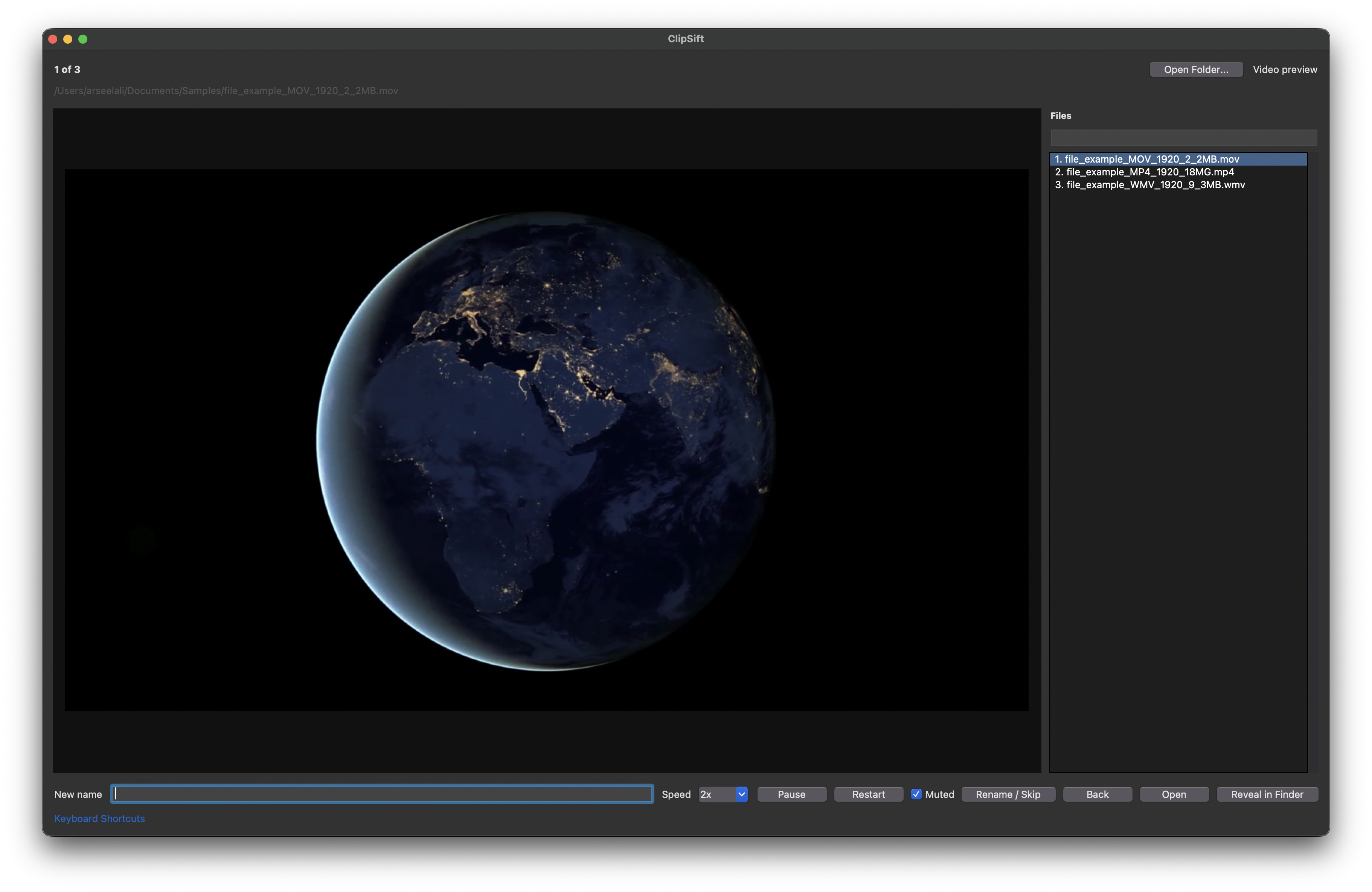 ClipSift showing a video preview, searchable file list, filename field, and playback controls